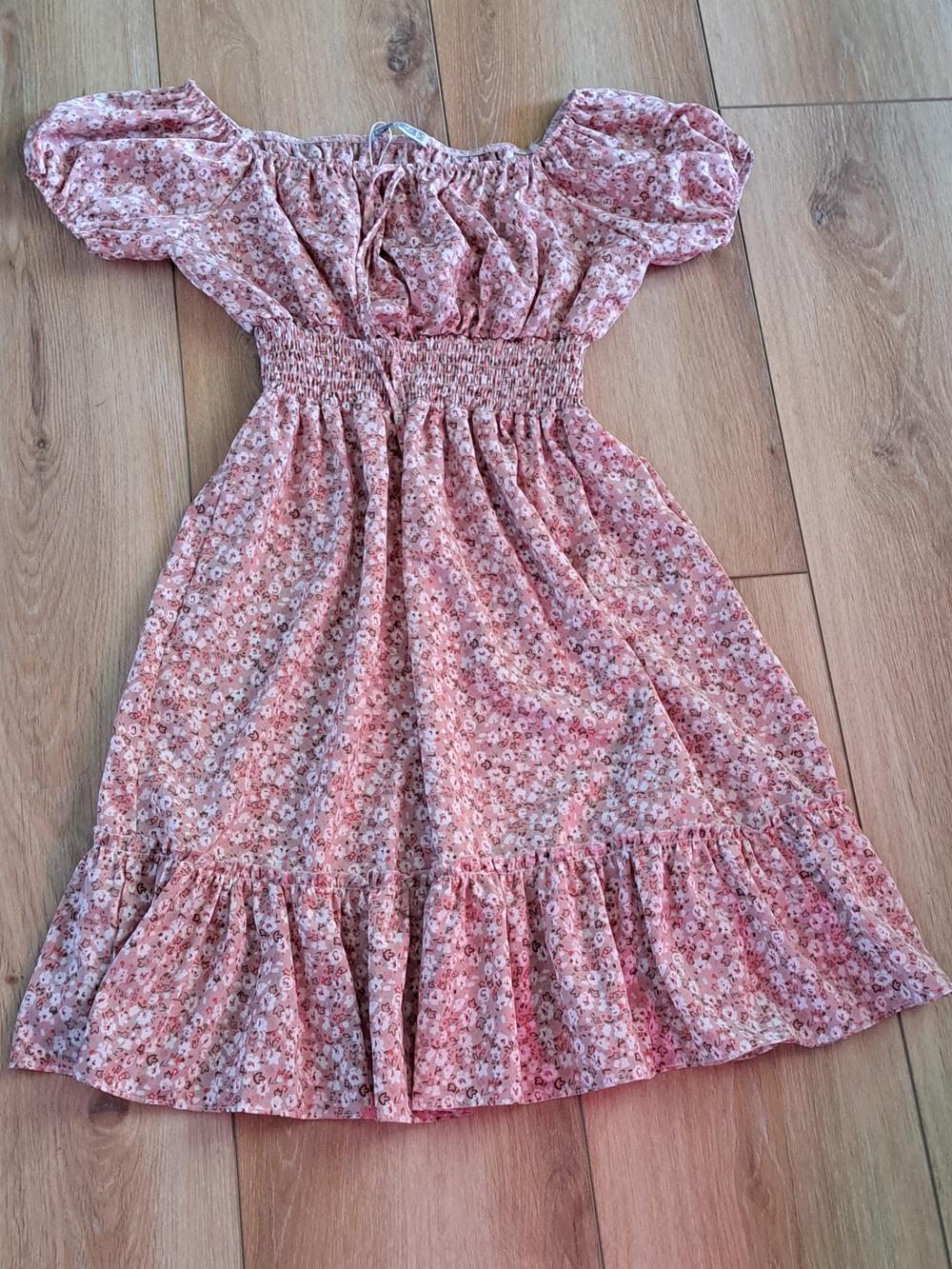Smocked Off-Shoulder Floral Midi Dress in Blush Pink
